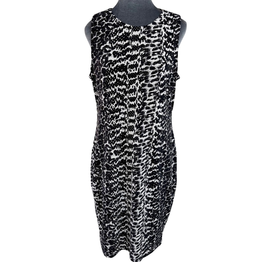 Vince Camuto L Black White Power Dress Abstract Animal Print Sleeveless Sheath